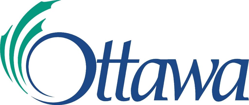 City of Ottawa logo. The word Ottawa in blue with three green arcs on the left side of the O
